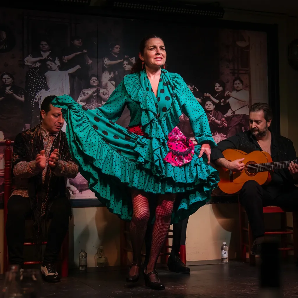 Bailaora con bata de cola, cante y guitarra